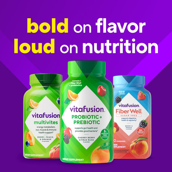 Vitafusion Probiotic + Prebiotic gummies, formerly Fiber Well + probiotics, includes Multivites & Fiber Well Sugar Free Gummies.