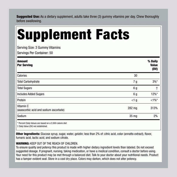 Supplement Facts panel for VF Power C 282 mg Gummy, 150 Count, providing detailed nutritional information and dosage instructions.