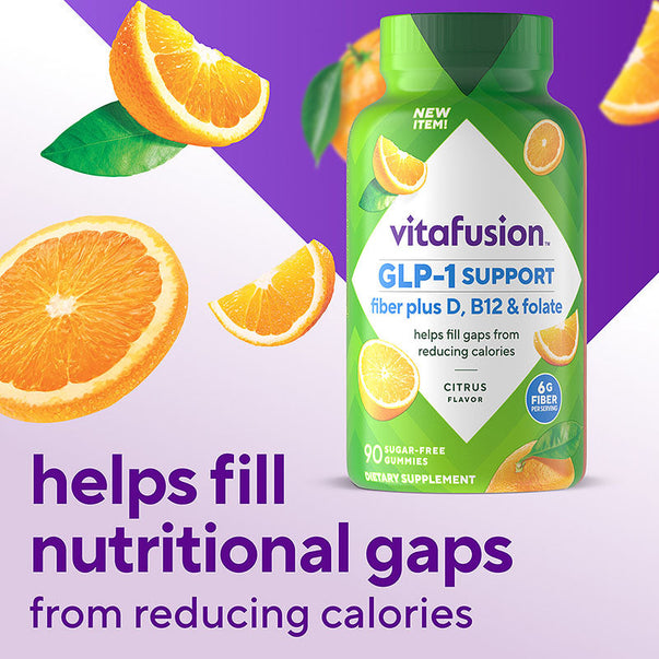 Vitafusion GLP-1 Support gummies include fiber, D, B12, and folate. Sugar-free, citrus flavor with 6G fiber to fill nutritional gaps.