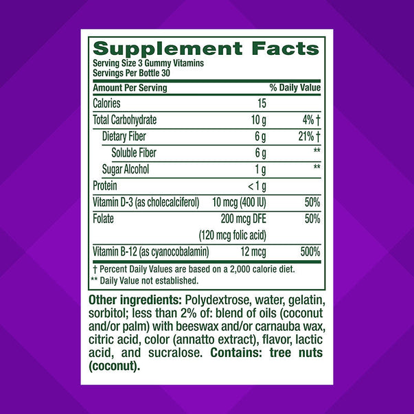 Supplement Facts panel for GLP-1 Support Fiber, Vitamin D, and B12 Gummy 90 Count.