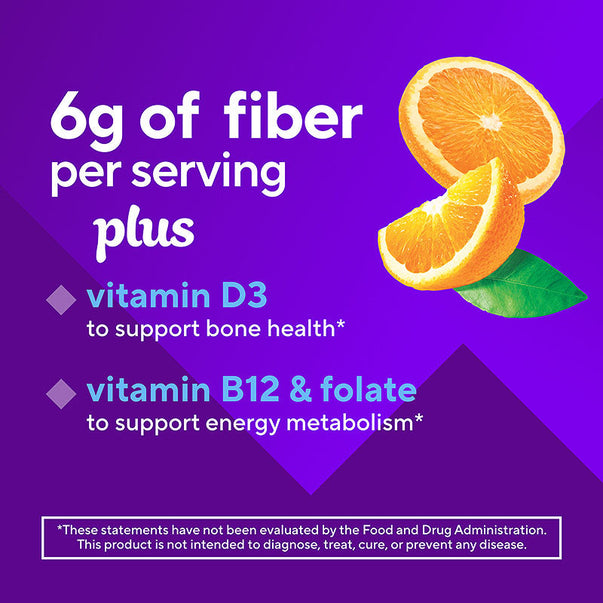 Product highlights graphic stating 6g of fiber per serving plus, vitamin D3 to support bone health*, vitamin B12 & folate to support energy metabolism*