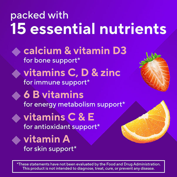 Product highlights graphic stating calcium & D3 for bone*, C, D & zinc for immune*, 6 B vitamins for energy metabolism*, C & E for antioxidant*, A for skin*