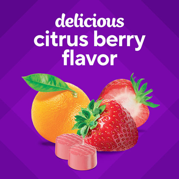 VF GLP-1 Support Multi Gummy featuring an orange, strawberries, and two pink gummies, with text 'delicious citrus berry flavor'.