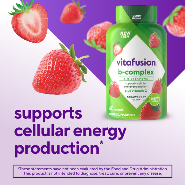 Vitafusion B-Complex + C Gummies, 60 count, strawberry flavor. Supports cellular energy production.