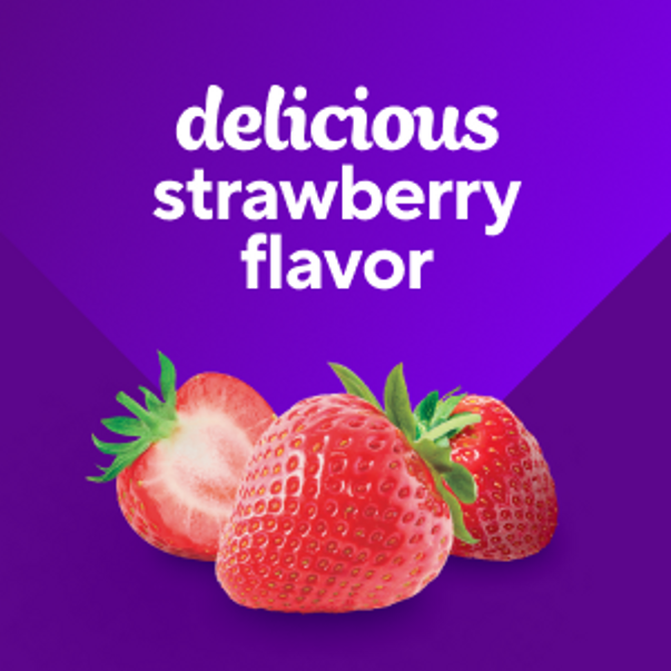 A trio of fresh strawberries with text stating 'delicious strawberry flavor'.
