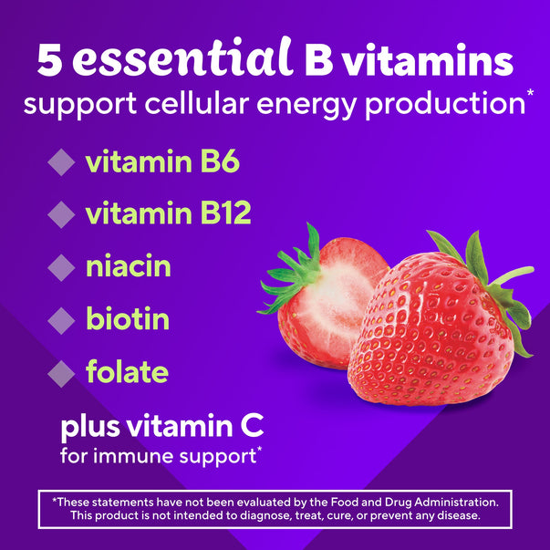 Product highlights graphic stating 5 essential B vitamins (B6, B12, niacin, biotin, folate) for cellular energy, plus vitamin C for immune support