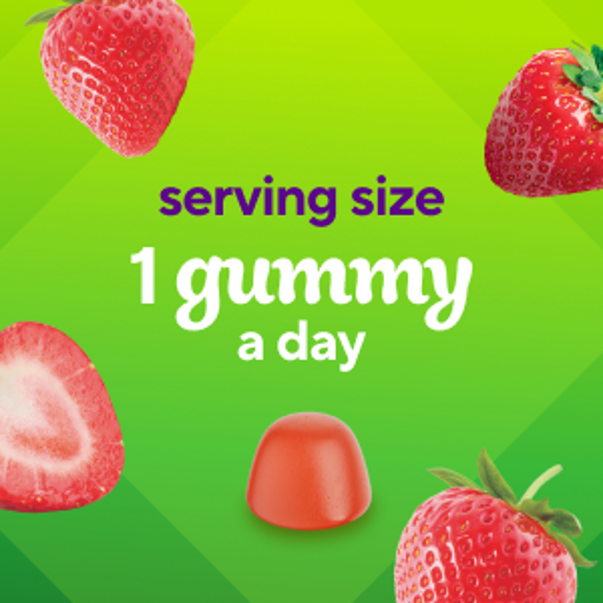 Gummy supplement graphic featuring strawberries, a gummy, and text 'serving size 1 gummy a day' on a green background.