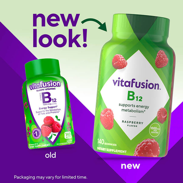 Vitafusion B12 1000 mcg Gummy 140 Count, featuring raspberry flavor with old and new packaging designs side by side.