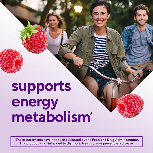 Smiling young adults cycling outdoors, with raspberries and text that states 'supports energy metabolism and health'.