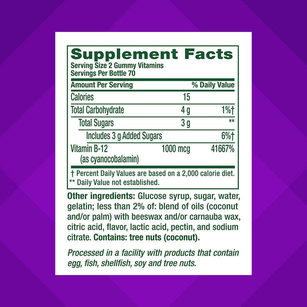 Supplement Facts panel for B12 1,000 mcg gummies, 140 count.