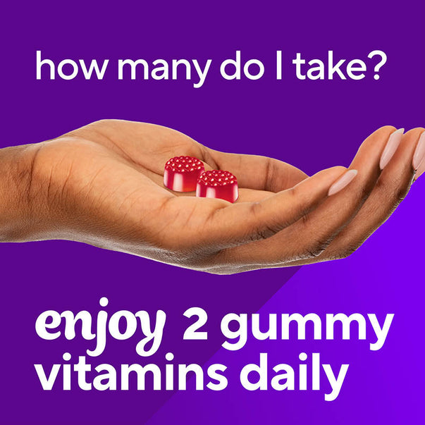 VF B12 1,000 mcg Gummies: Two red gummies held in hand. Text reads 'Enjoy 2 gummy vitamins daily for proper intake'.