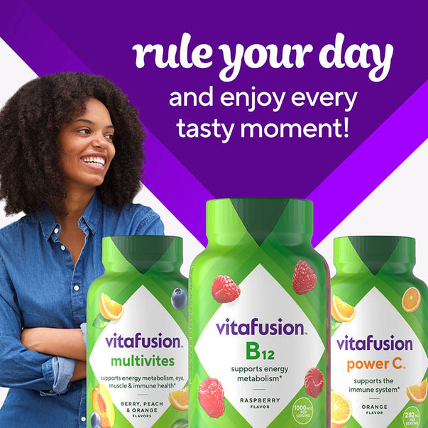 VitaFusion B12 1,000 mcg Raspberry Gummy helps support energy metabolism.