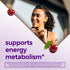 B12 Gummy featuring a smiling young adult female, two red cherries, and text 'supports energy metabolism*'.