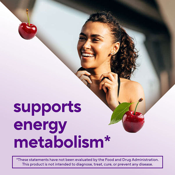 B12 Gummy featuring a smiling young adult female, two red cherries, and text 'supports energy metabolism*'.