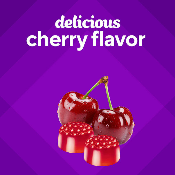 VF Extra Strength B12 3,000 mcg gummy with 'delicious cherry flavor' text, two red cherries, and two red gummies.