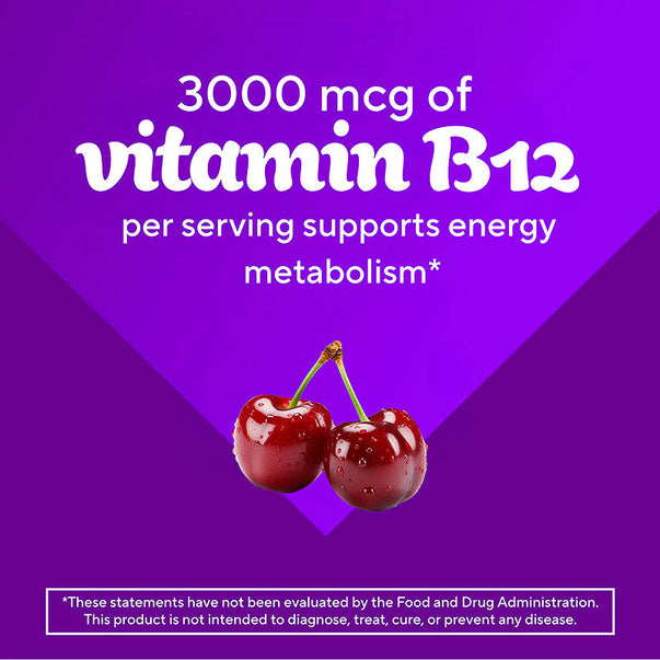VF Extra Strength B12 3,000 mcg Gummy graphic with '3000 mcg of vitamin B12 per serving supports energy metabolism' & cherries.