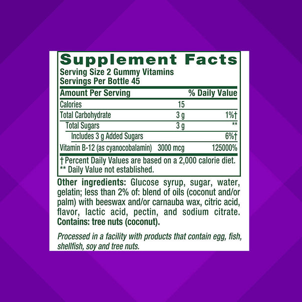 The Supplement Facts panel for Extra Strength B12 3,000 mcg Gummy in a 90 count package.