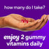 Two red VF Extra Strength B12 3,000 mcg gummies in a hand. Text: 'Take 2 gummies daily for enjoyment and health benefits.'