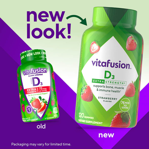 Vitafusion D3 Extra Strength 75mcg Gummy Vitamins, 120 count, shown with old and new 'new look!' packaging.