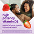 Graphic for high potency Vitamin D3 with text 'supports bone, muscle & immune health*'. Features a smiling couple and strawberries.