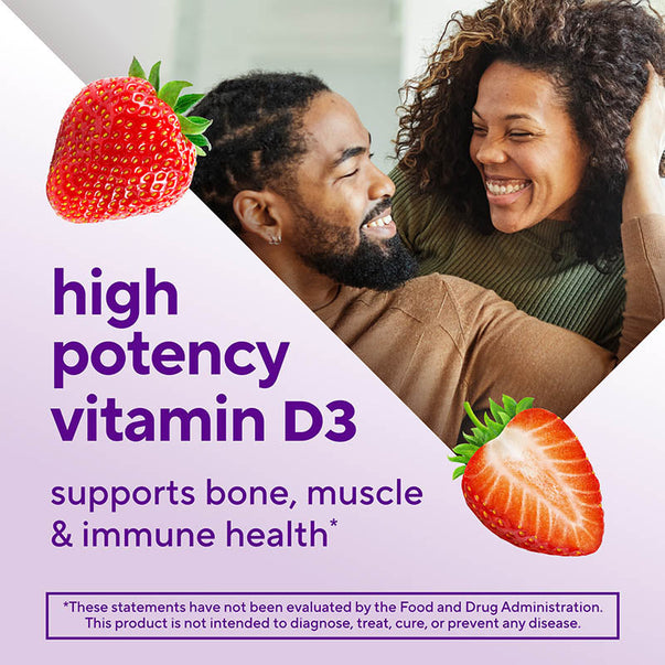 Graphic for high potency Vitamin D3 with text 'supports bone, muscle & immune health*'. Features a smiling couple and strawberries.