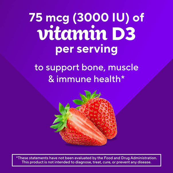 Graphic: 75 mcg (3000 IU) Vitamin D3 per serving supports bone, muscle, and immune health, with two strawberries.