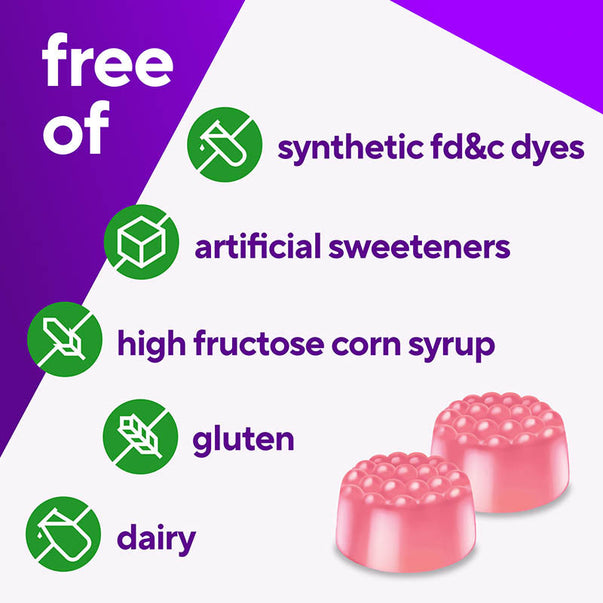 D3 Gummy bottle lacks synthetic dyes, artificial sweeteners, high fructose corn syrup, gluten, and dairy.