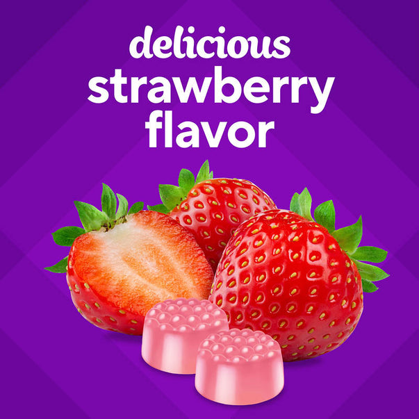 Pink D3 Gummies shaped like berries with fresh strawberries and text stating 'delicious strawberry flavor'.