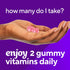 Hand holding two pink gummy vitamins. Text reads 'take 2 gummy vitamins daily'. Enjoy your vitamins responsibly.