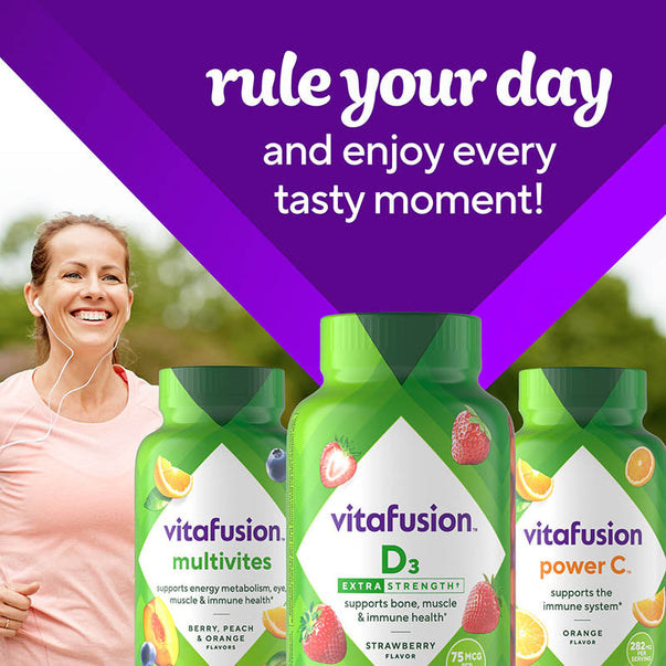 Vitafusion D3 Extra Strength gummies, strawberry flavor, 75 MCG per serving, supports bone, muscle, and immune health.