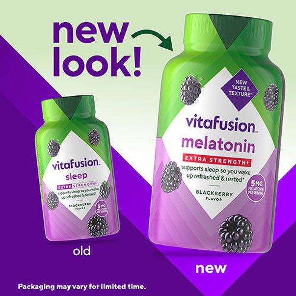 New vitafusion melatonin Extra Strength 5mg blackberry gummies bottle beside the old vitafusion sleep bottle.