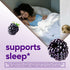 Product highlights graphic stating 'supports sleep*', showing a young adult woman sleeping in bed and two blackberries.