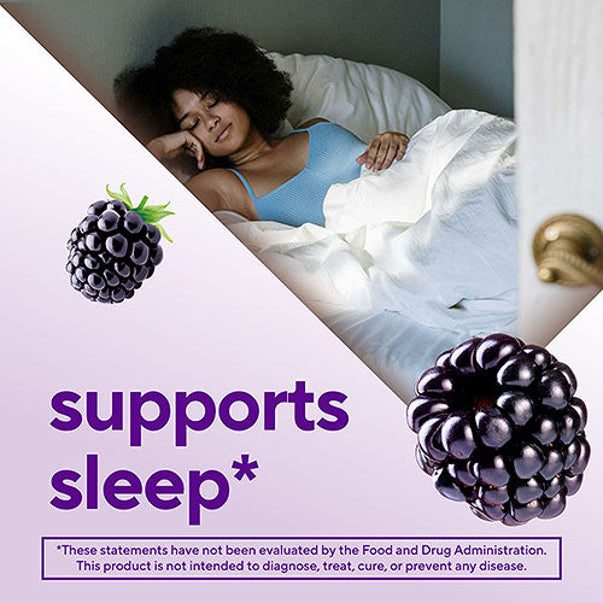 Product highlights graphic stating 'supports sleep*', showing a young adult woman sleeping in bed and two blackberries.