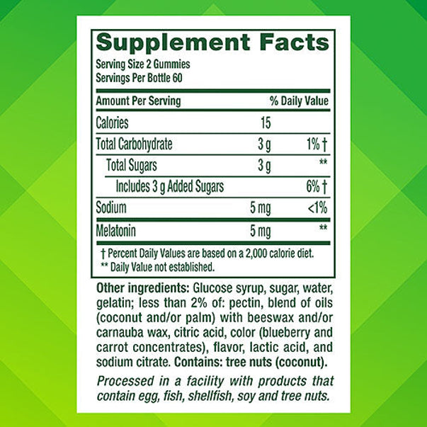 Supplement Facts panel for VF Extra Strength Melatonin 5 mg Gummy, 120 Count bottle.