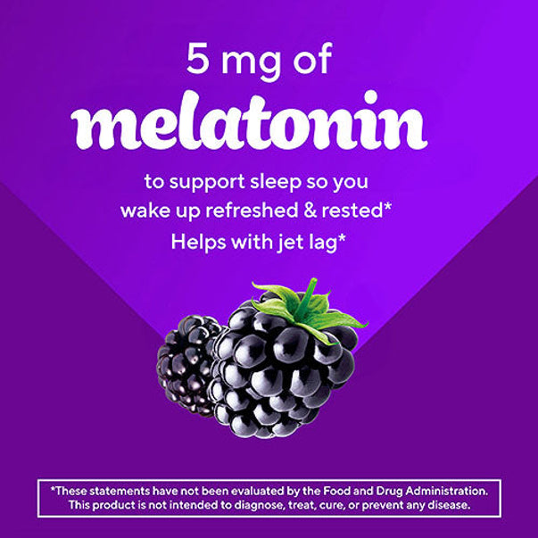 Product highlights graphic stating 5 mg of melatonin to support sleep so you wake up refreshed & rested*, Helps with jet lag*, with blackberries.