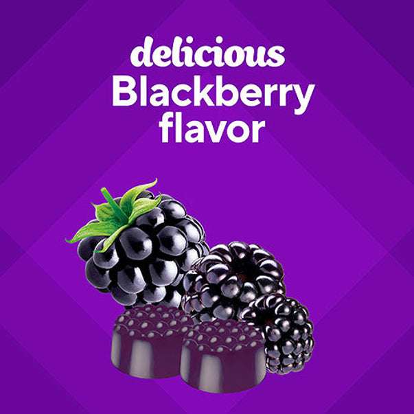 VF Extra Strength Melatonin 5 mg Gummies, 120 Count, showing two purple gummies, fresh blackberries, and 'delicious Blackberry flavor' text.