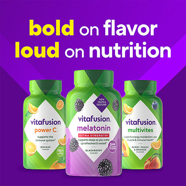 vitafusion Melatonin Extra Strength 5mg gummies in Blackberry flavor support restful sleep and refreshing mornings.
