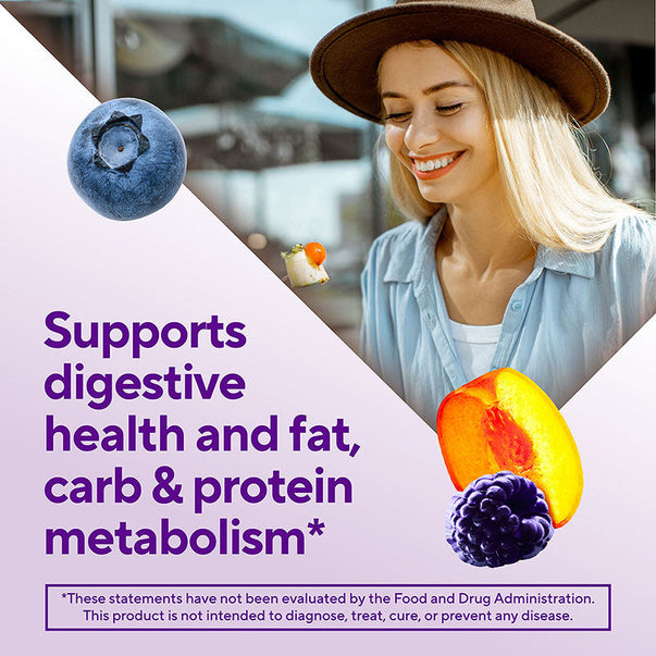 Product highlights graphic stating supports digestive health and aids fat, carb, and protein metabolism.