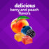 VF Fiber Well Fit Sugar Free Gummy. Text: 'delicious berry and peach flavors' with a peach, blueberry, blackberry, and two gummies.
