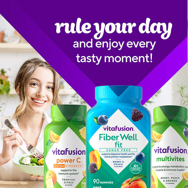 Vitafusion Fiber Well Fit Sugar Free Gummy, Power C Extra Strength, and Multivites bottles, 90 count each.