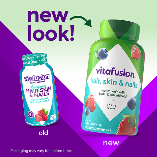Vitafusion Hair, Skin & Nails gummy vitamins with old packaging 'Gorgeous, Raspberry' and new 'Berry Flavor' design.
