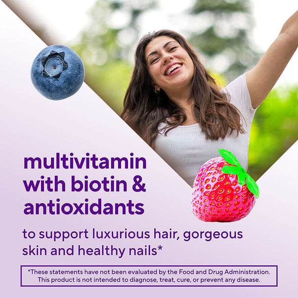 Multivitamin with biotin and antioxidants supports beautiful hair, radiant skin, and strong nails.