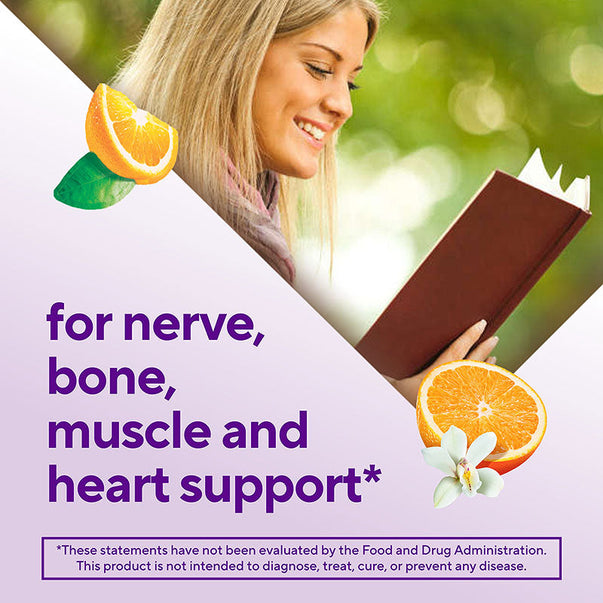 Smiling blonde woman reading a book outdoors with orange slices, text overlay 'for nerve, bone, muscle and heart support*'.