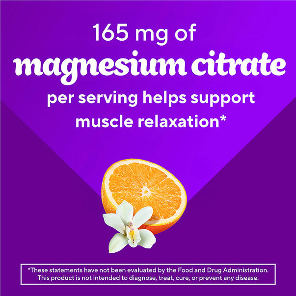 Graphic stating '165 mg of magnesium citrate per serving helps support muscle relaxation,' with an orange slice and a white flower.