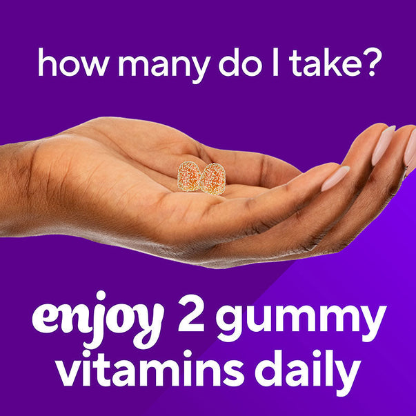Hand holds two sugar-coated orange gummy vitamins with text 'enjoy 2 gummy vitamins daily'. Question: 'how many do I take?'.