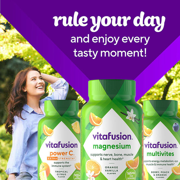 Vitafusion Magnesium gummies, 165mg per serving, Orange Vanilla flavor, support nerve, bone, muscle, and heart health.