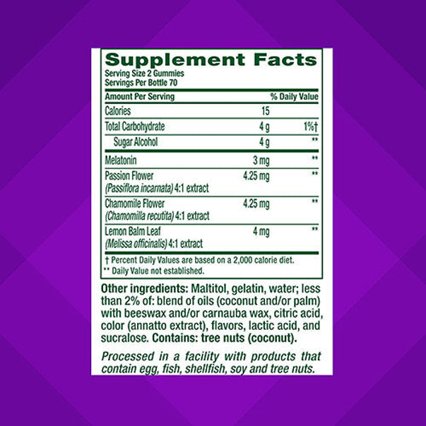 Image of Supplement Facts panel for Sugar Free Melatonin 3 mg Gummy, 140 count.