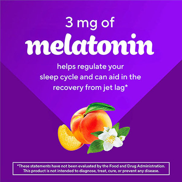 Product highlights graphic stating 3 mg of melatonin helps regulate your sleep cycle and can aid in the recovery from jet lag.