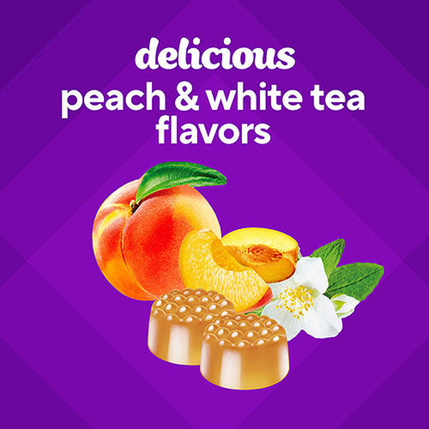 VF Sugar Free Melatonin 3 mg Gummies in peach and white tea flavors, shown with peaches and white flowers.