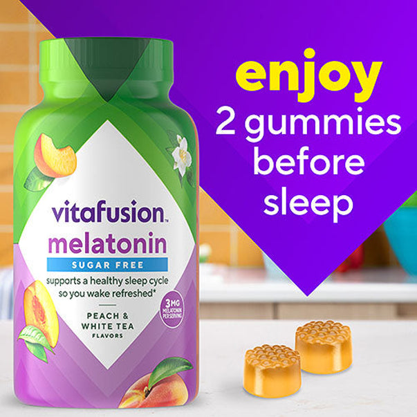 vitafusion Sugar Free Melatonin Peach & White Tea gummies. Contains 3mg melatonin per serving. Take 2 gummies before sleep.